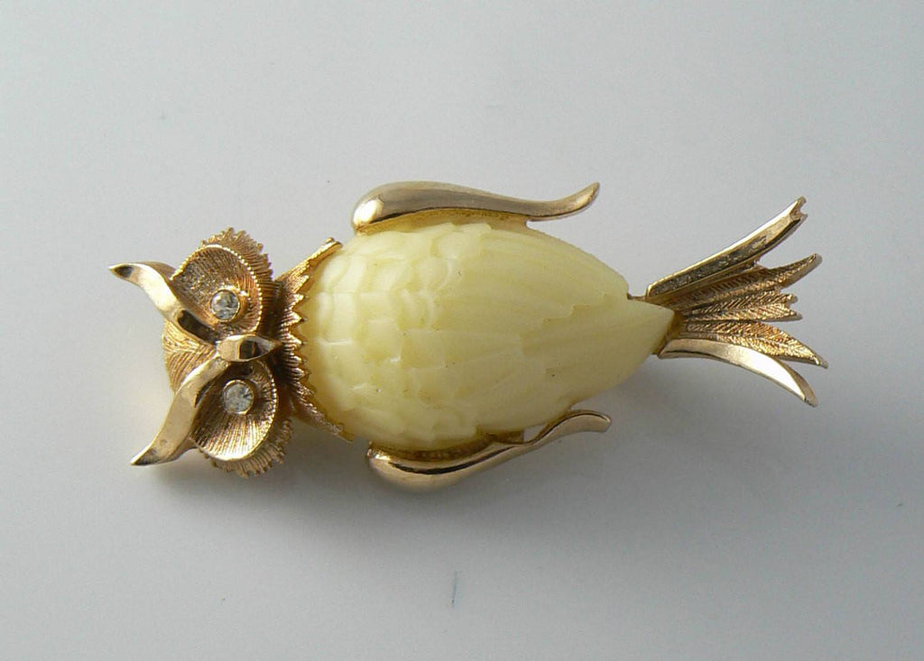 Vintage Lucite Rhinestone Owl Brooch
