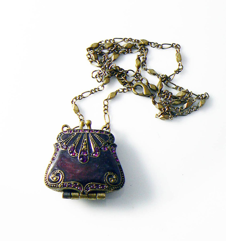 Signed Vclm Purse Pendant Rhinestones Oxblood Enamel Gold Tone