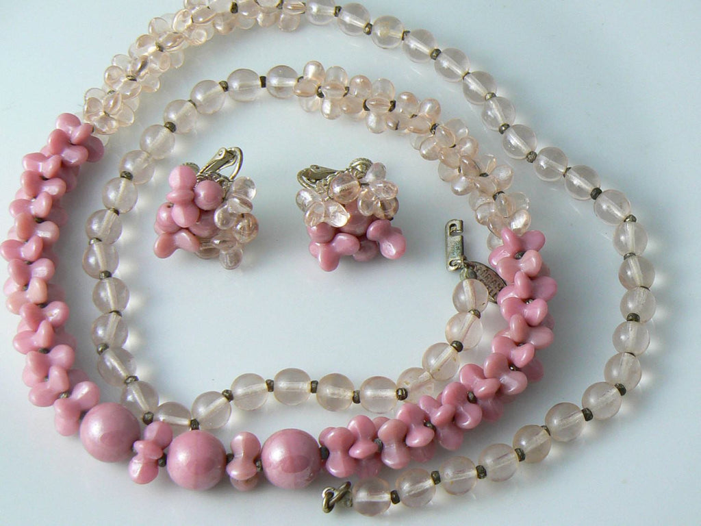 Vintage Miriam Haskell Signed Art Glass Necklace Earrings Set - Vintage Lane Jewelry