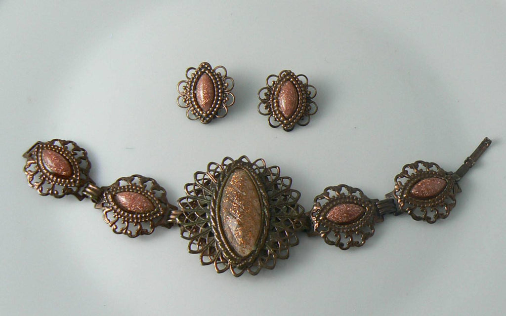Vintage Copper Filigree Medallion Lucite Glitter Stone Demi