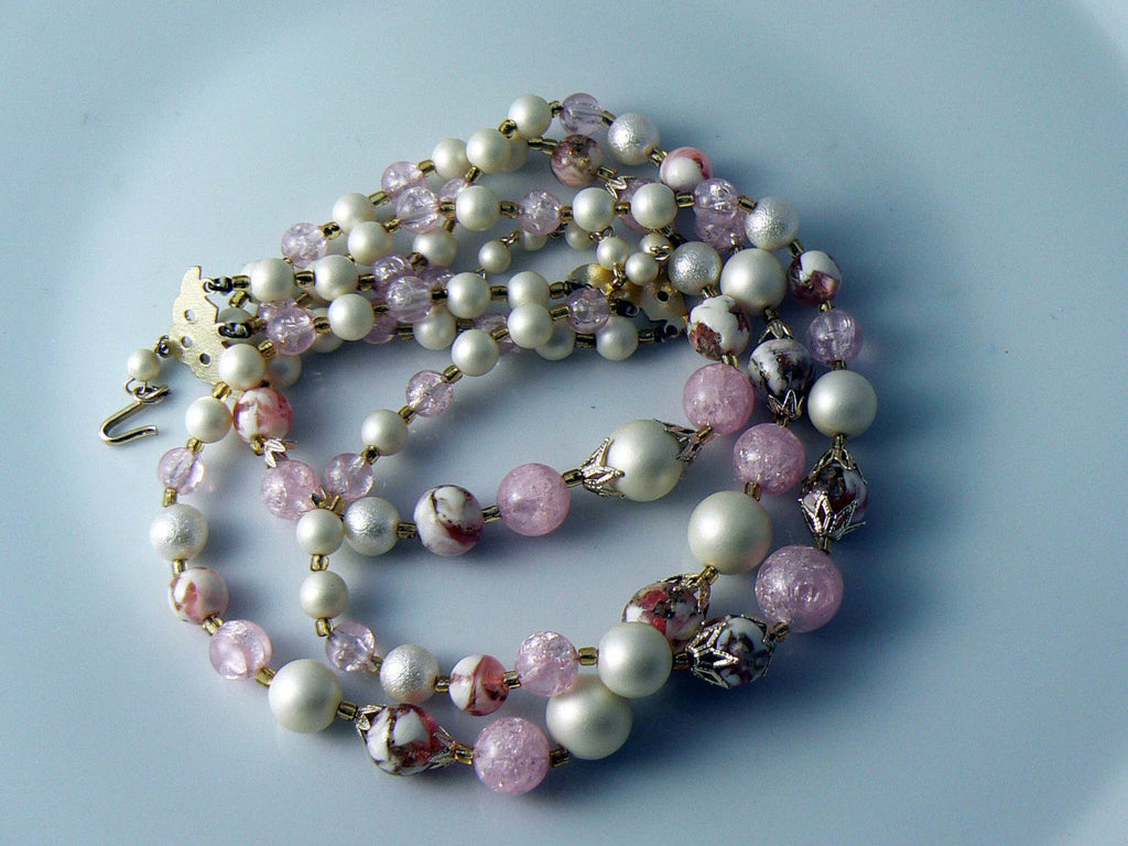 Vintage Gold Toned Pink Art Glass & Faux Pearl 3 Strand Bead Necklace
