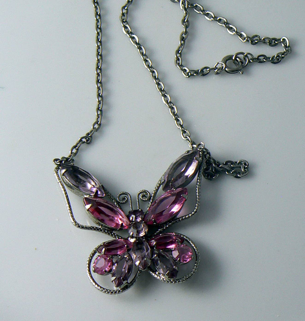 Vintage Juliana Style Pink And Purple Rhinestone Butterfly Necklace