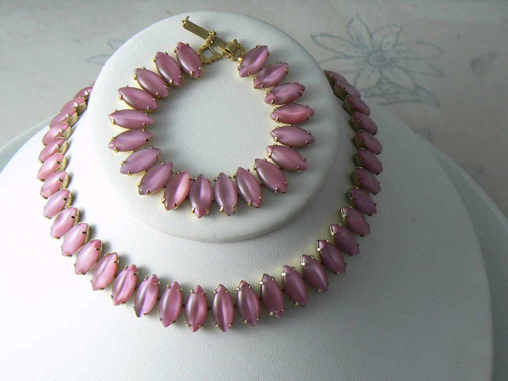 Vintage Pink Glass Prong Set Necklace And Bracelet