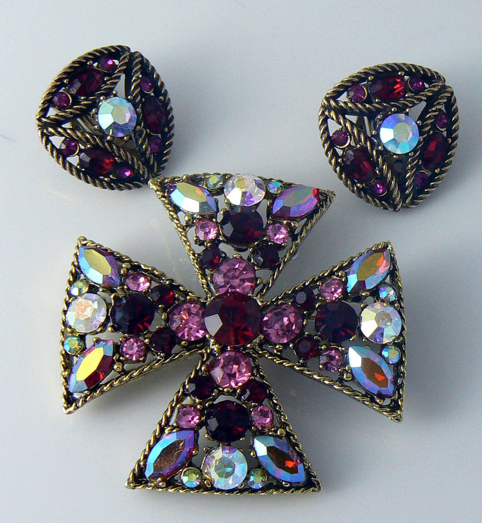 Vintage Hollycraft Earrings And Married Maltese Cross Brooch