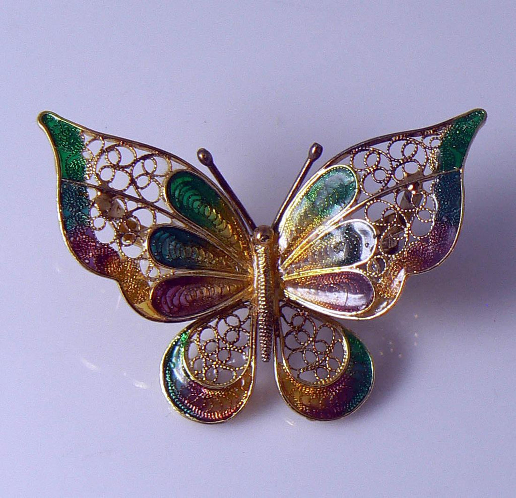 Beautiful Vintage Italian Gold Washed Sterling Silver Filigree And Enamel Butterfly Brooch