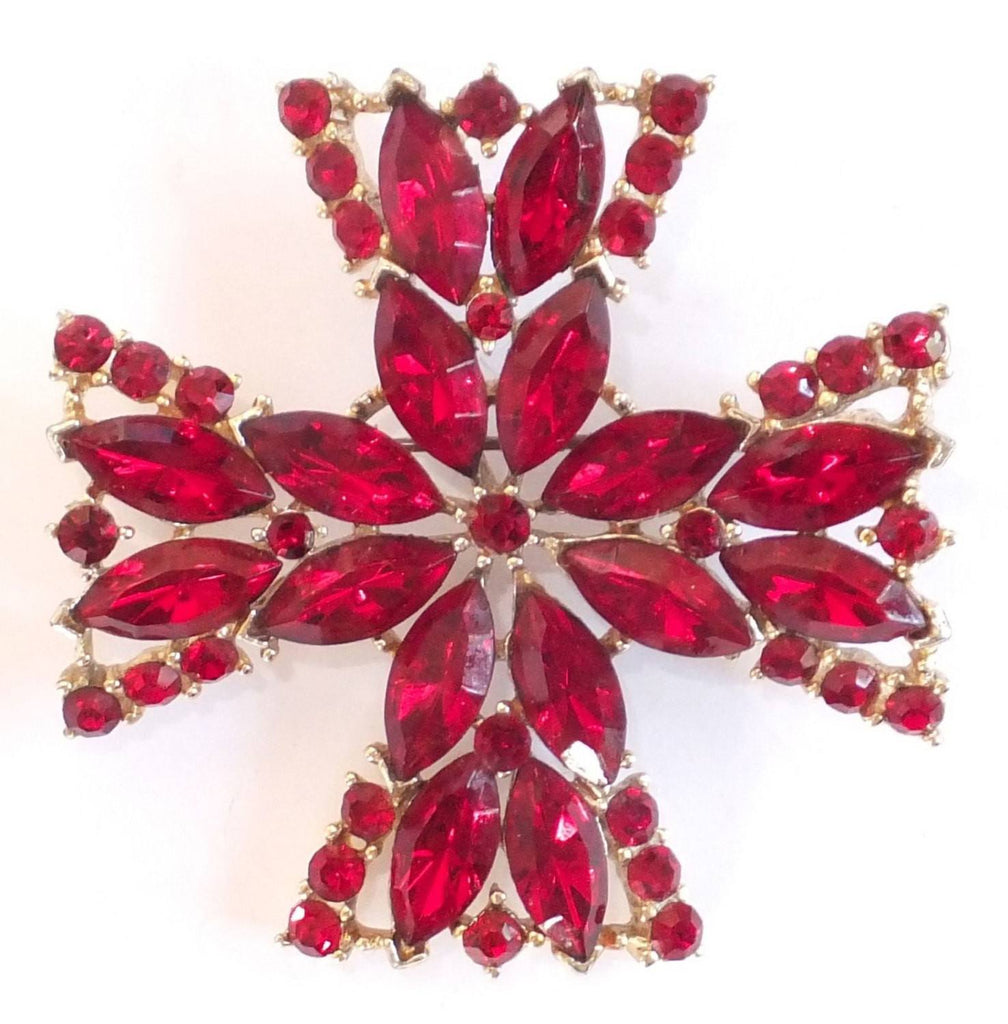 Vintage Red Rhinestone Maltese Brooch By Weiss