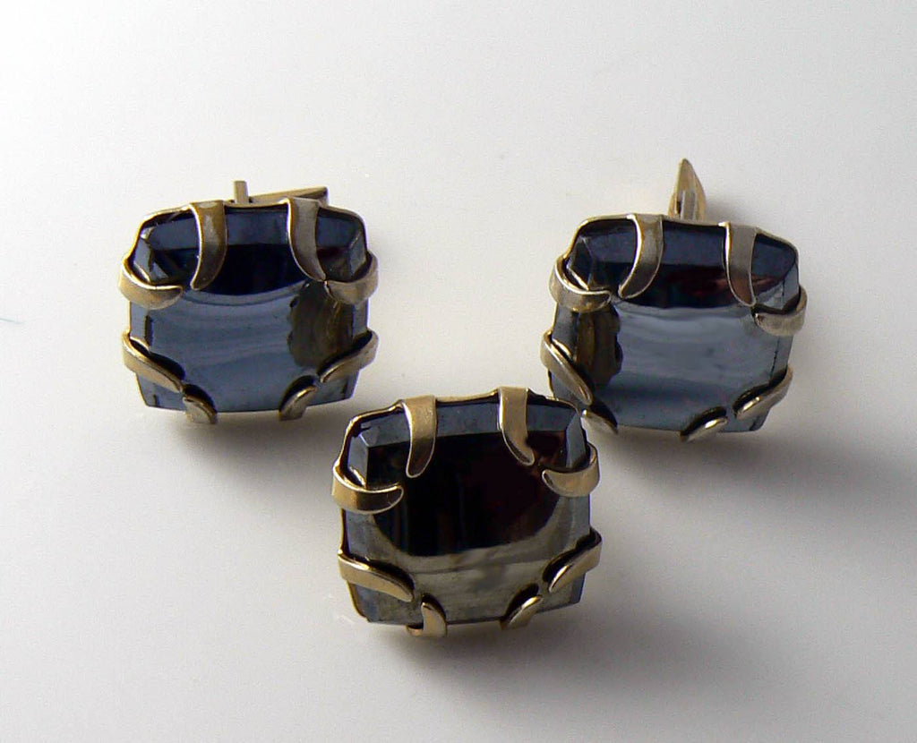 Dark Purple Almost Black Glass Cufflinks And Tie Pin