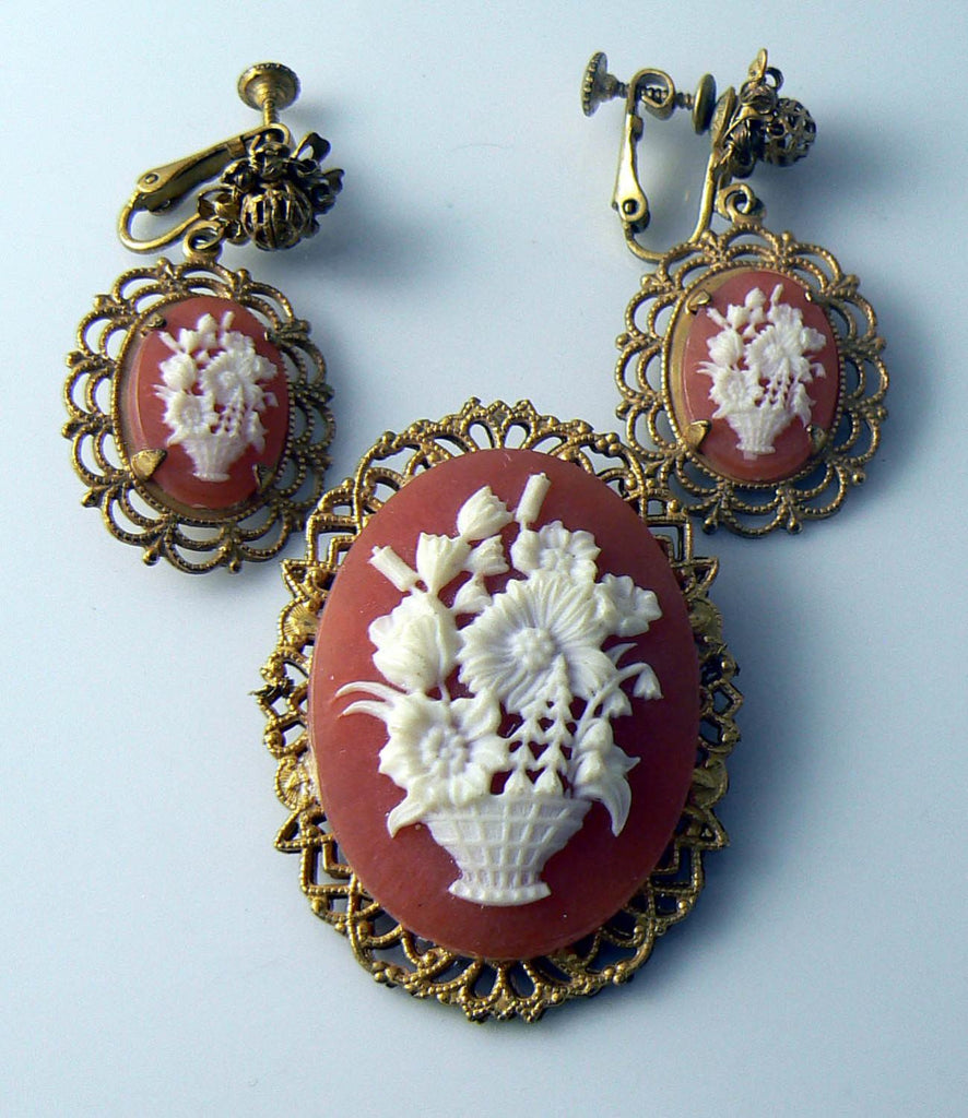 Vintage Signed Miriam Haskell Goldtone Flower Basket Cameo Pin & Earrings Set