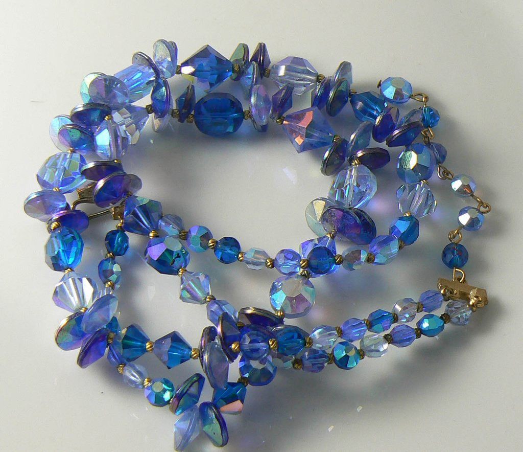 Signed Vendome 2 Strand Blue Glass Necklace