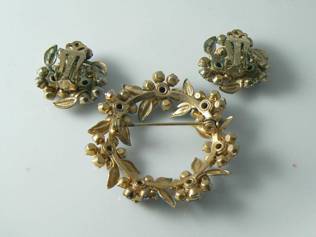 Vintage Weiss Blue Enamel And Ab Rhinestone Brooch And Earrings Set - Vintage Lane Jewelry