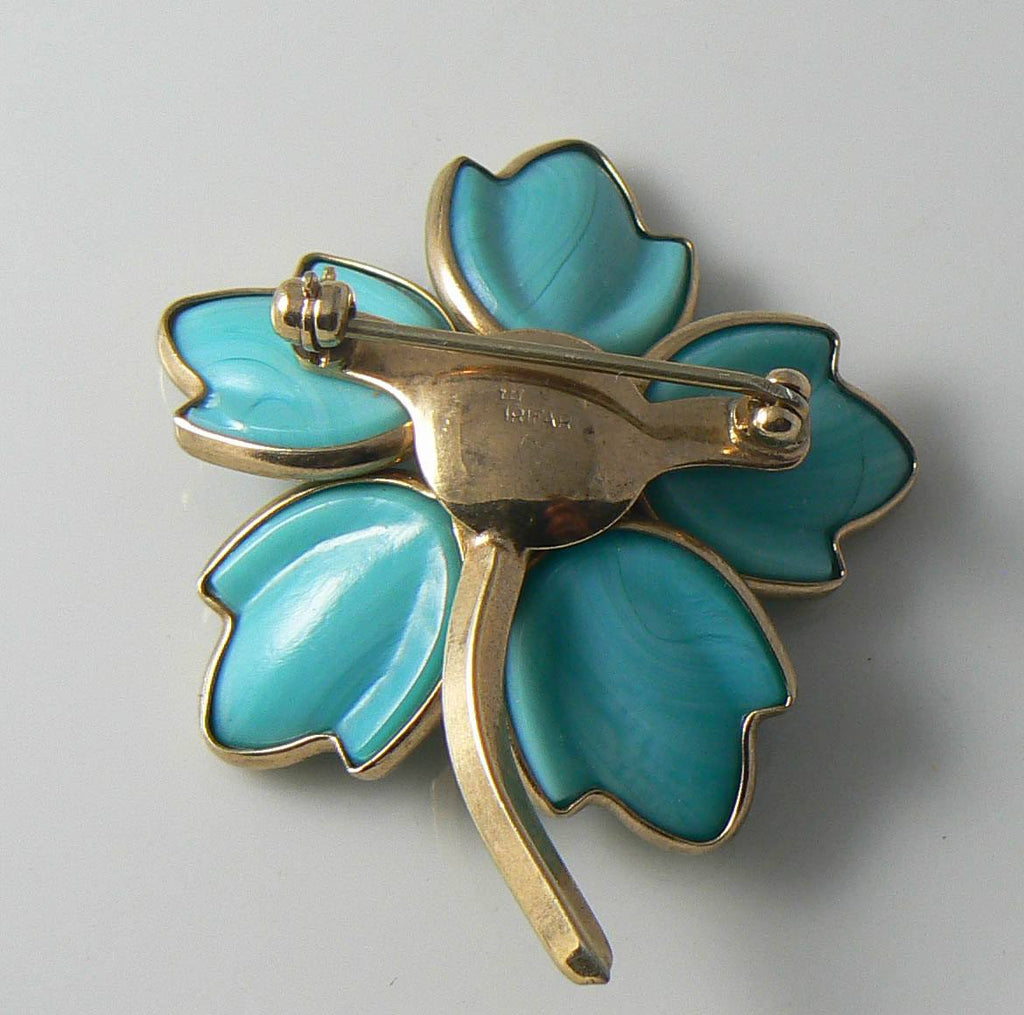 Vintage Crown Trifari Signed Turquoise Molded Dogwood Flower Brooch - Vintage Lane Jewelry