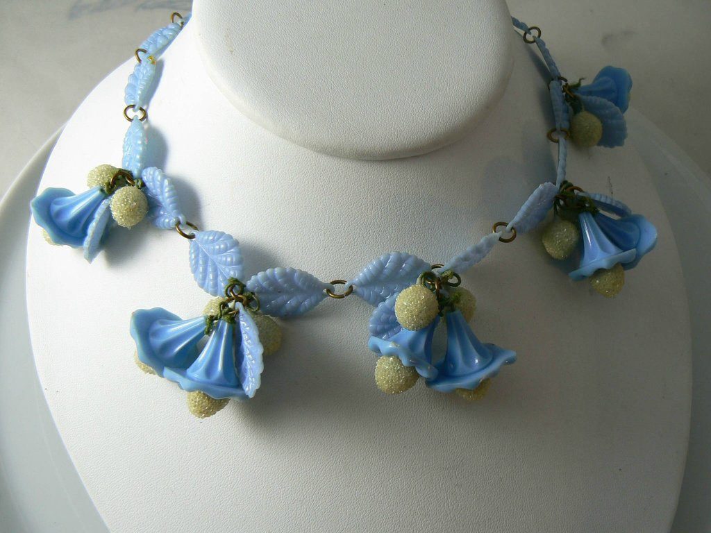 Vintage Sugar Bead And Blue Bell Celluloid Flower Necklace
