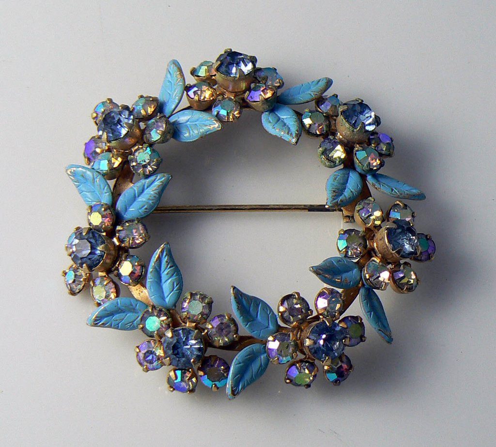 Vintage Weiss Blue Enamel And Ab Rhinestone Brooch And Earrings Set - Vintage Lane Jewelry
