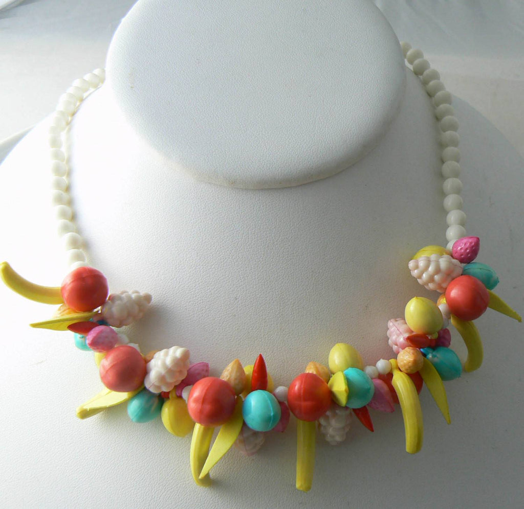 Vintage Plastic Bead Beaded Fruit Salad Charm Necklace