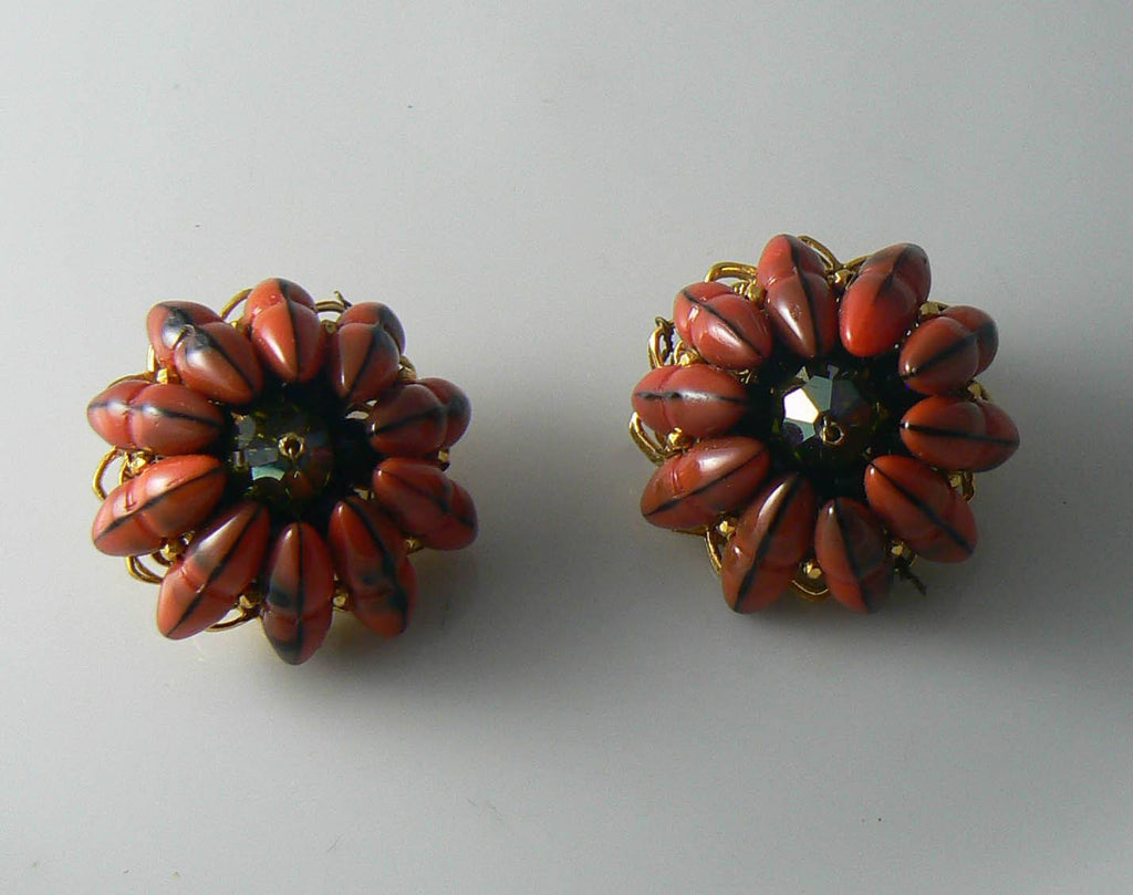 Hattie Carnegie Art Glass Black And Orange Clip Earrings - Vintage Lane Jewelry