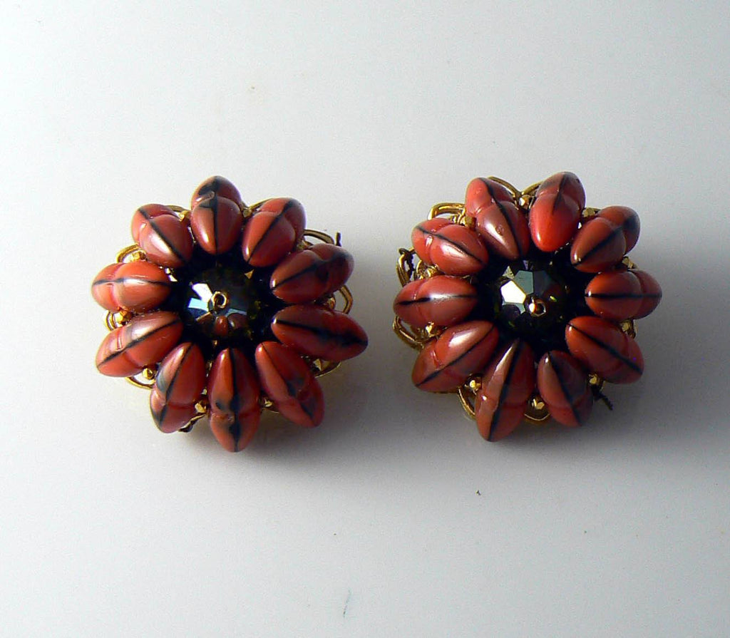Hattie Carnegie Art Glass Black And Orange Clip Earrings