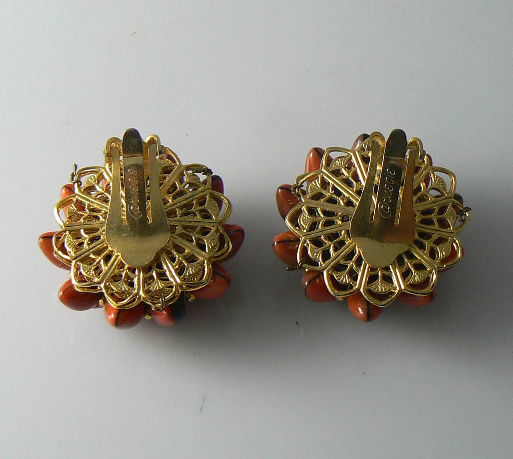 Hattie Carnegie Art Glass Black And Orange Clip Earrings - Vintage Lane Jewelry