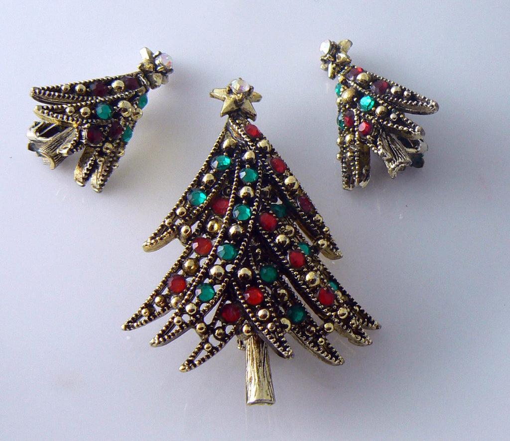 Vintage Holllycraft Ribbon Tree Brooch And Earrings Set