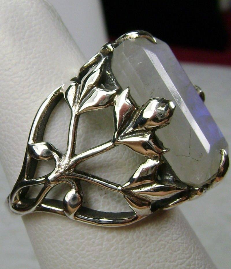 6ct Natural Emerald Cut Moonstone Solid Sterling Silver Filigree Ring