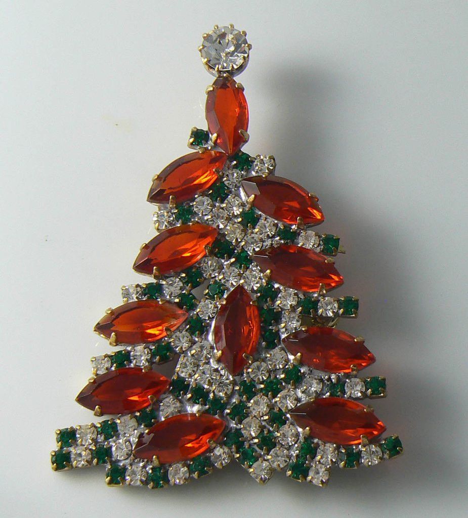 Czech glass Christmas tree brooch with red navettes, round cut clear and green stones