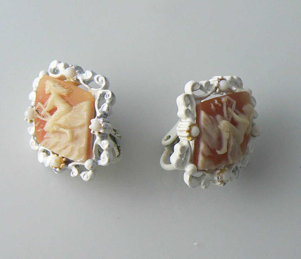 Vintage White Enamel And Celluloid Cameo Clip Earrings