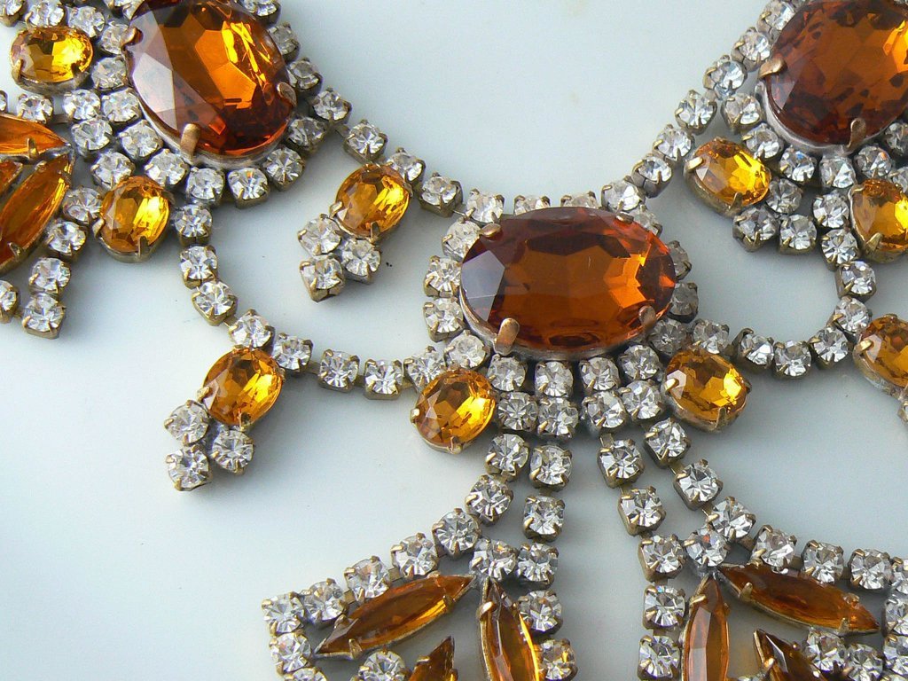 Topaz Colored Czech Glass And Clear Rhinestone Necklace