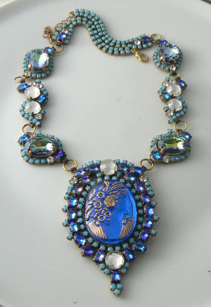 Czech Glass Blue Cameo Necklace