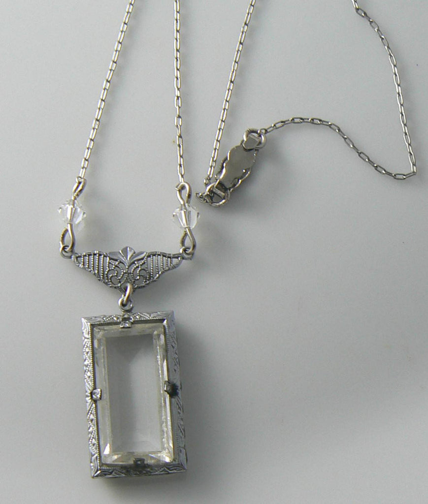 Vintage Art Nouveau Deco Rhodium Filigree Clear Glass Necklace