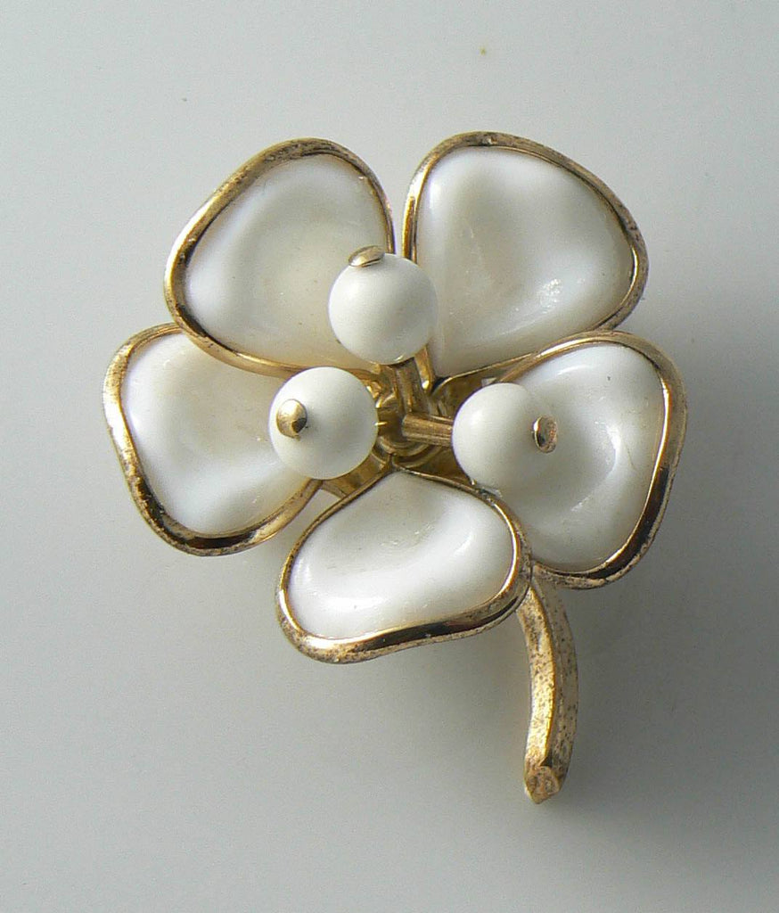 Crown Trifari Poured Glass White Flower Brooch.