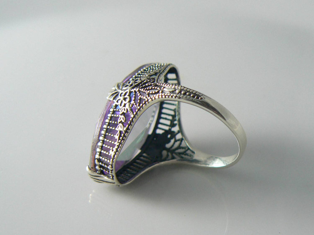 13ct Marquise Mystic Topaz Victorian Filigree Sterling Silver Ring - Vintage Lane Jewelry