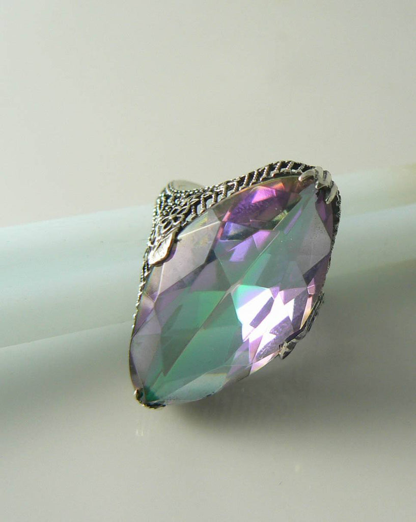 13ct Marquise Mystic Topaz Victorian Filigree Sterling Silver Ring - Vintage Lane Jewelry