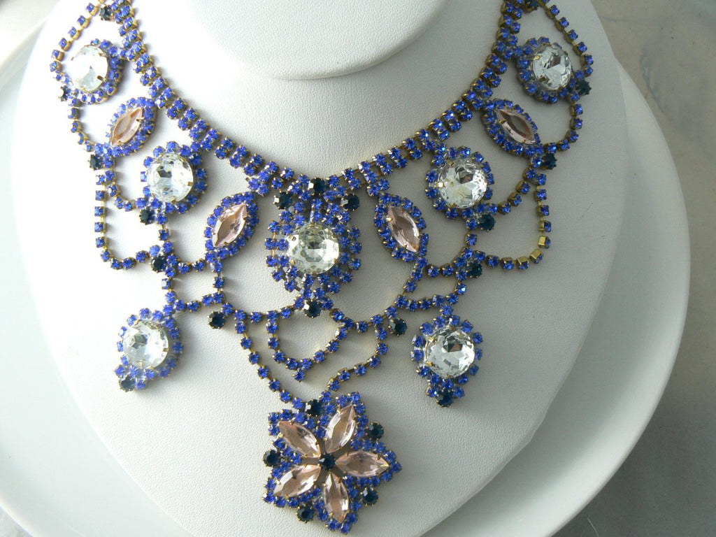 Blue, Pink And Clear Czech Glass Flower Necklace