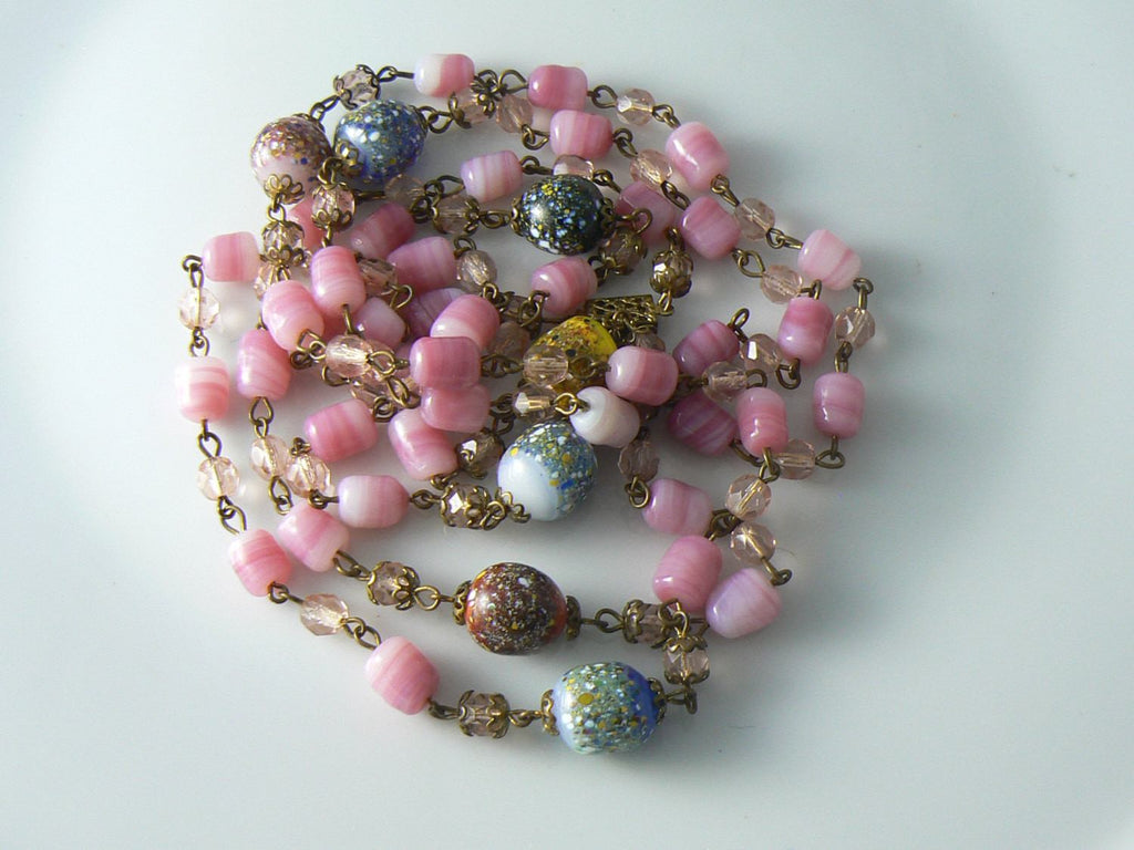 Vintage Necklace Pink Glass Crystal Flapper Bead Art Deco.