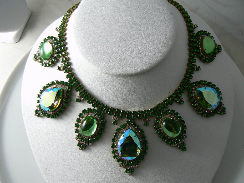 Large Green Ab Czech Glass Rhinestone Necklace
