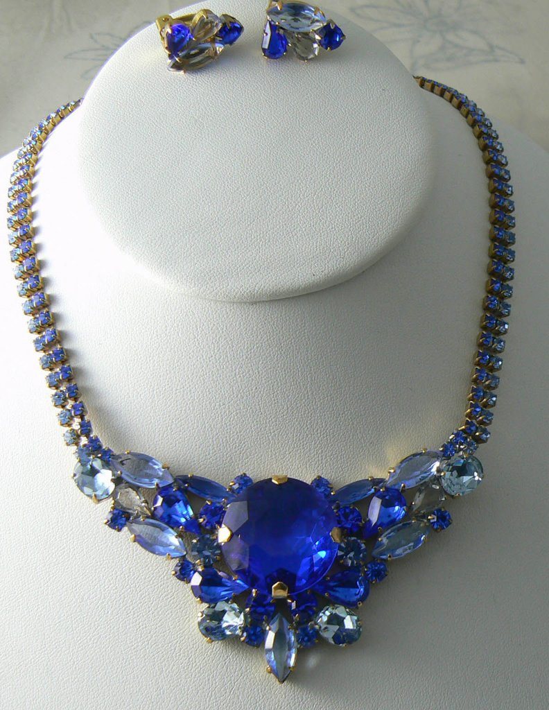 Blue Czech Glass Center Stone And Matching Clip Earrings