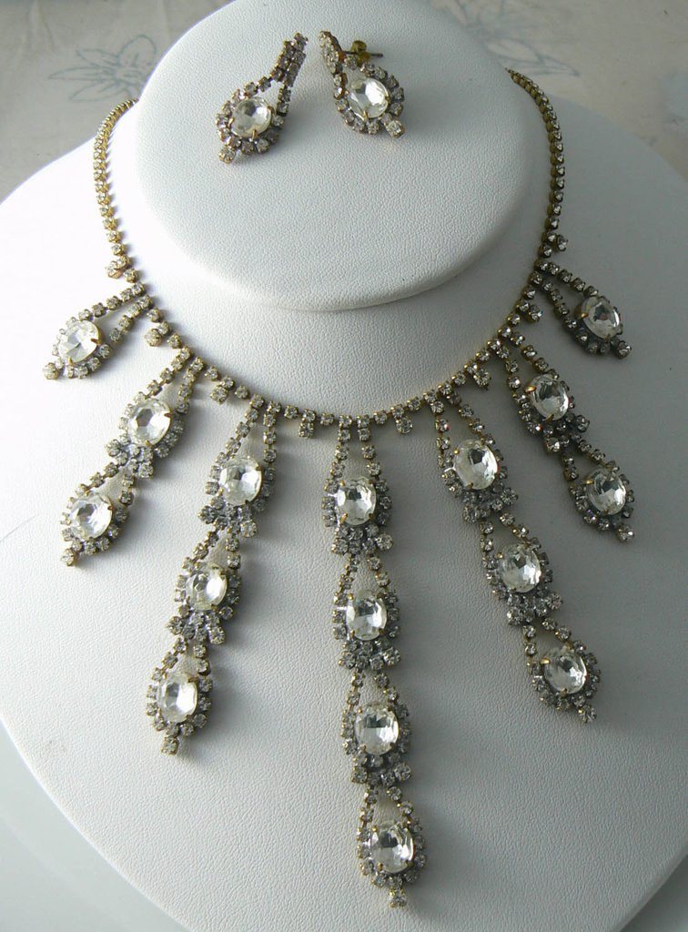 Clear Czech Glass Set In Gold Tone With Matching Pierced Earrings