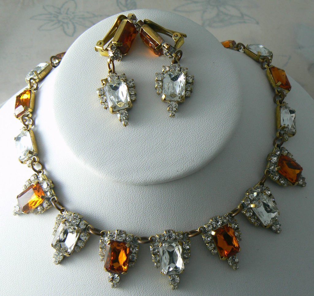 Czech Glass Topaz Rhinestones Necklace And Clip Earrings