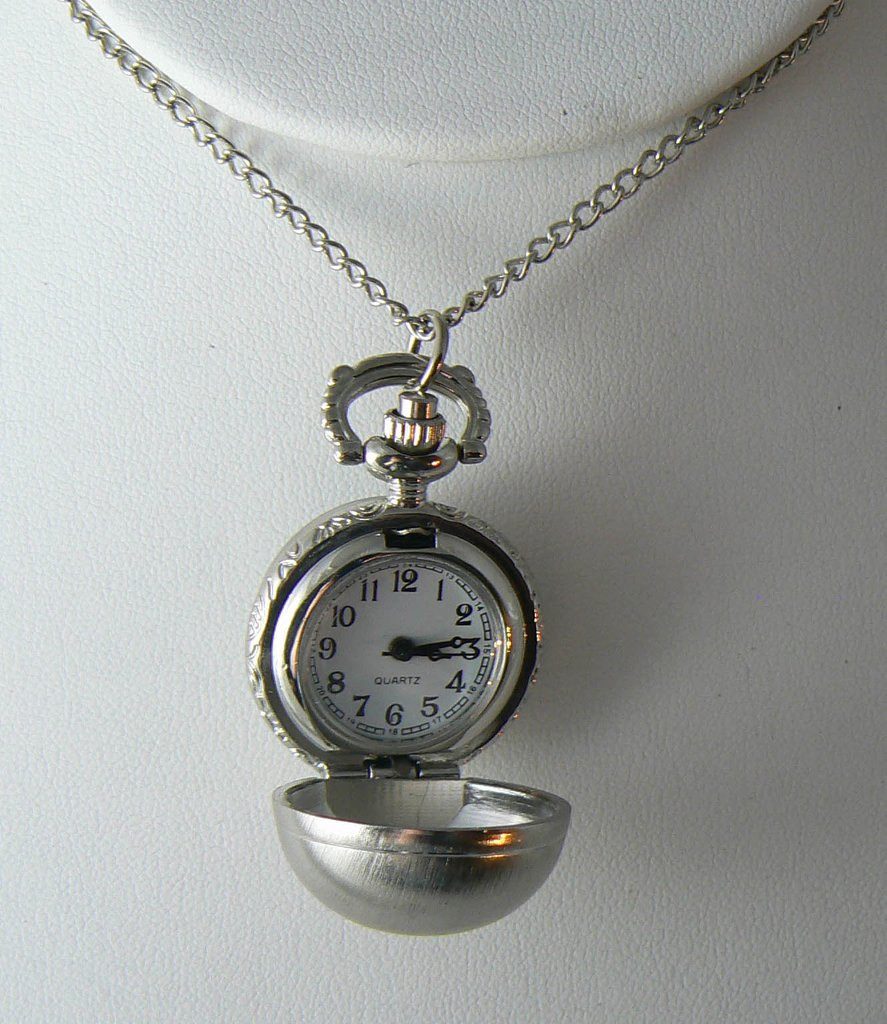 Silver Pocket Watch Necklace Pendant & Chain Ball Sphere