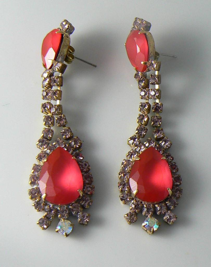 Red Neon Czech Glass Dangle Pierced Earrings, Design By