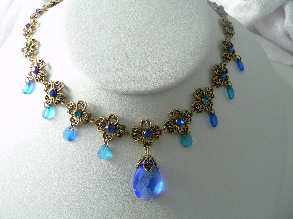 Vintage Blue Glass And Rhinestone Dangle Necklace