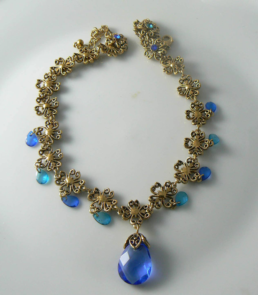Vintage Blue Glass And Rhinestone Dangle Necklace - Vintage Lane Jewelry