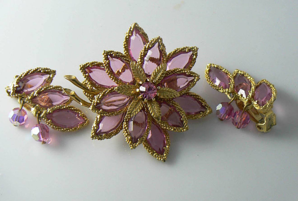 Beau Jewels Pink Rhinestone Dangling Crystal Pin Earring Set