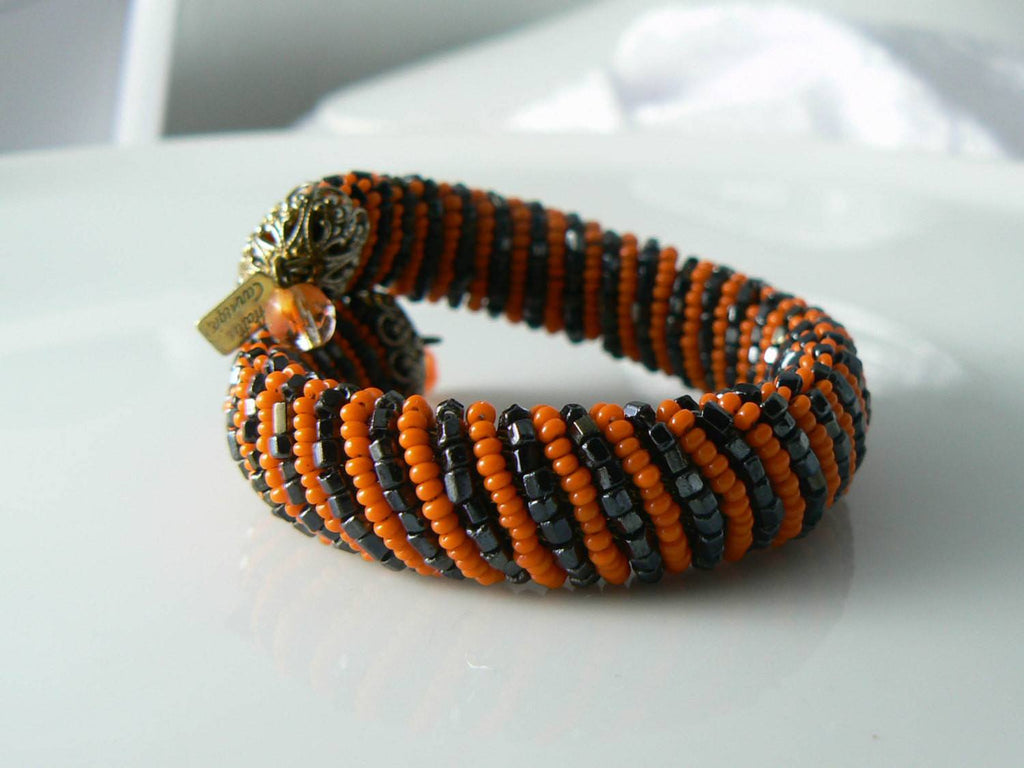 Hattie Carnegie Beaded Black And Orange Bracelet - Vintage Lane Jewelry