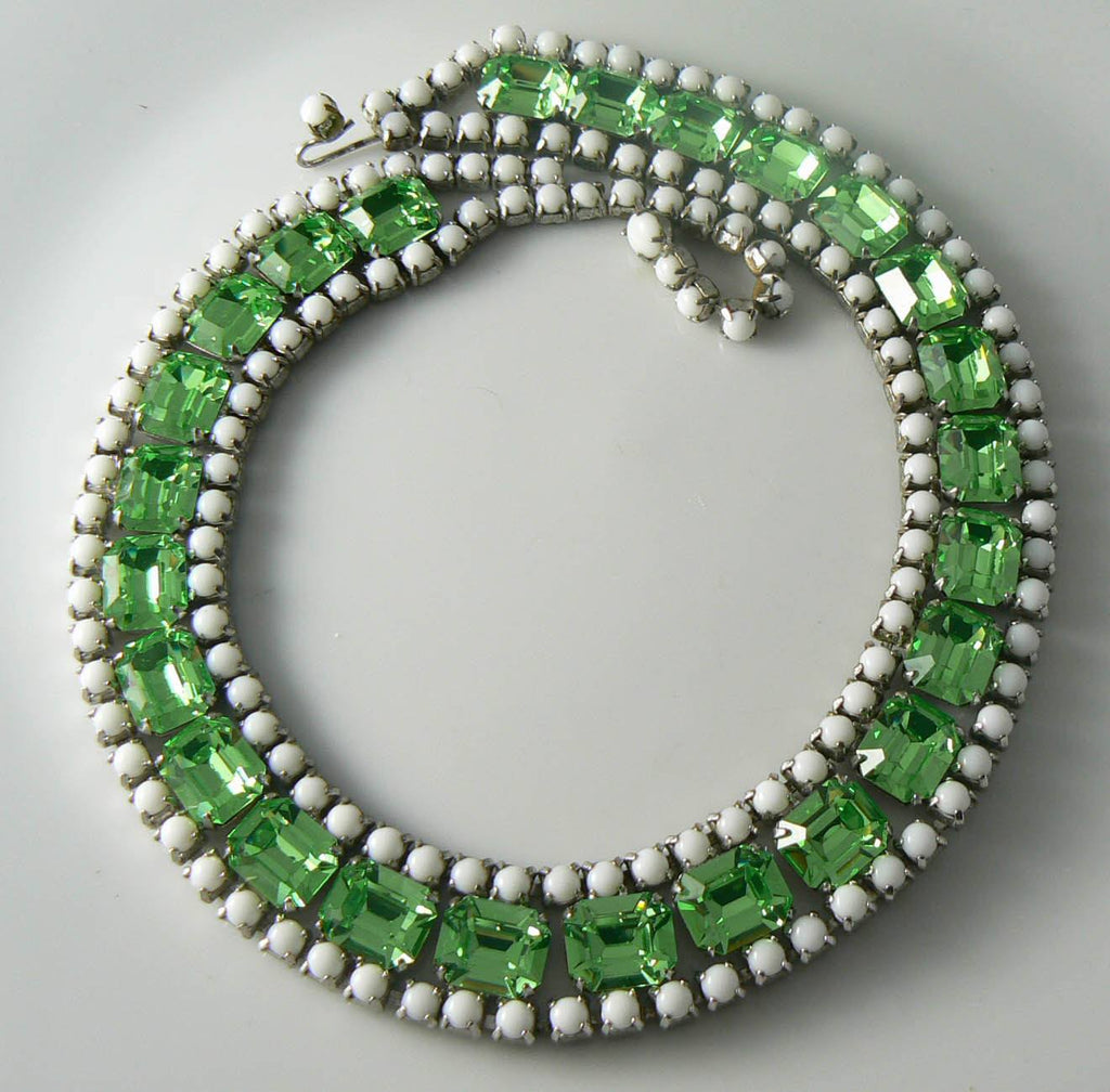 Vintage Milk Glass and Peridot Rhinestone Bib Necklace