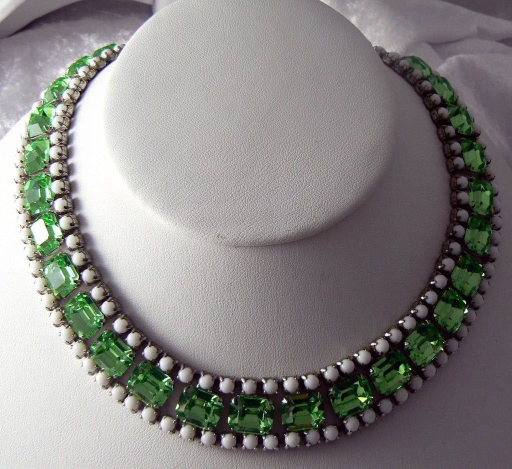 Vintage Milk Glass and Peridot Rhinestone Bib Necklace - Vintage Lane Jewelry