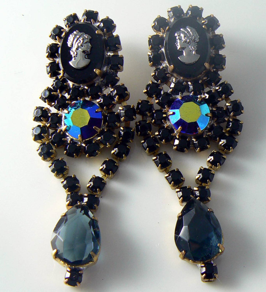 Czech Glass Black Cameo Pierced Earrings