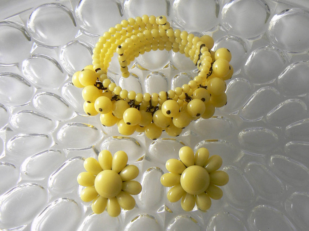Early Miriam Haskell Style Yellow Glass Bead Bracelet And Earrings Set - Vintage Lane Jewelry