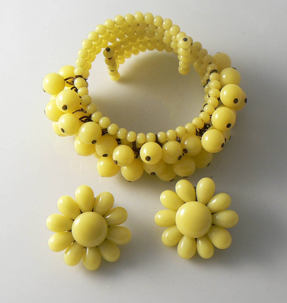 Early Miriam Haskell Style Yellow Glass Bead Bracelet And Earrings Set - Vintage Lane Jewelry