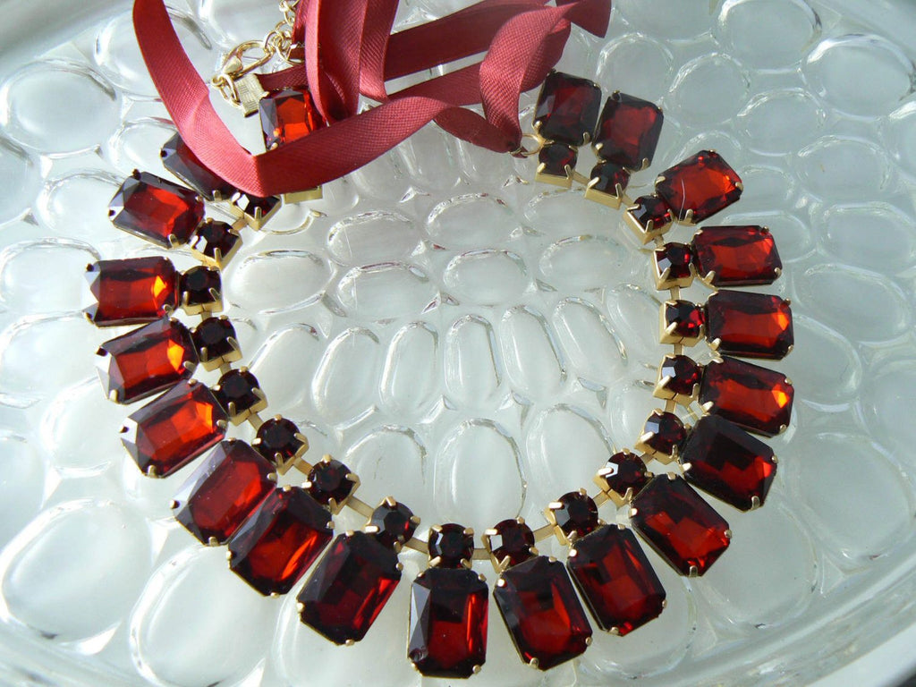 Coldwater Creek Ruby Red Rhinestone Ribbon Necklace