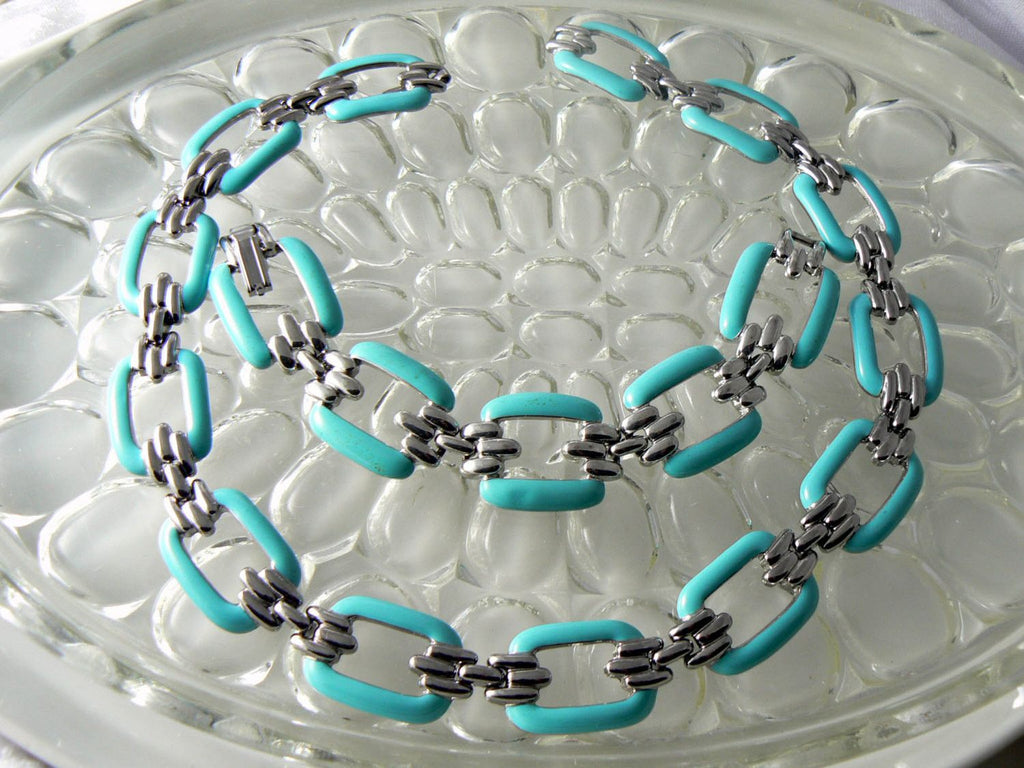 Signed Darla Vintage Necklace Bracelet Blue Enamel Chain Link Set